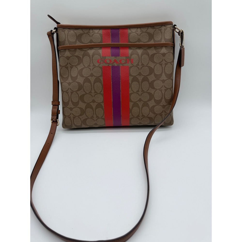 Coach Rowan File Bag Signature Canvas Varsity Stripe Brown Red Purpleโ Crossbody